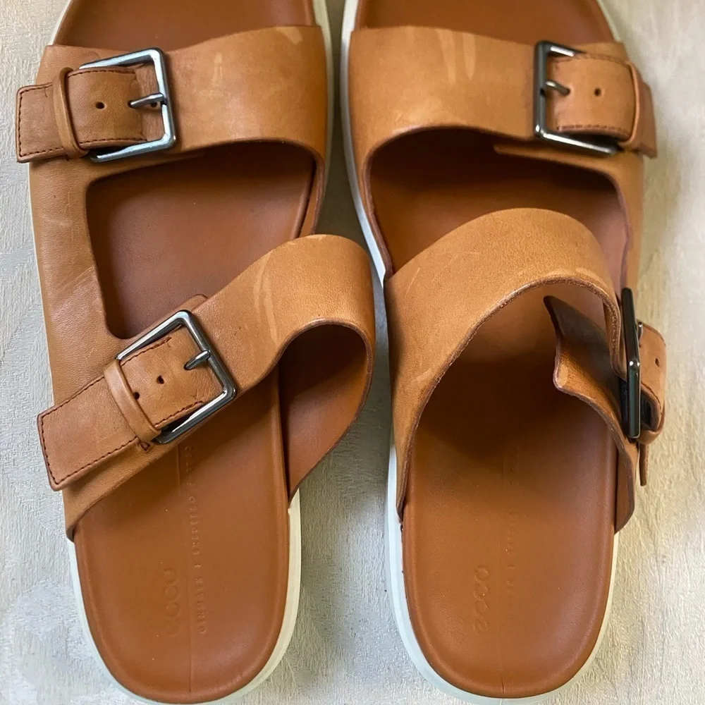 ECCO FLOWT LEATHER SANDAL SLIDE DOUBLE BUCKLE​​​​‎